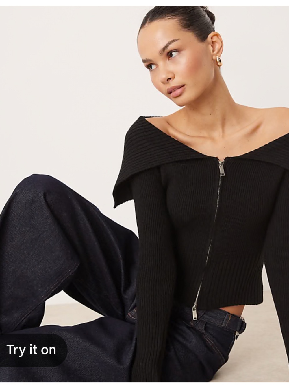 Off-Shoulder Zip Front Ribbed Sweater - Black